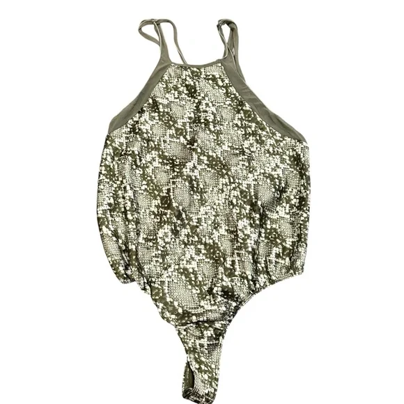 Free People Snakeskin Print One-Piece Bodysuit Olive Green Strappy Back Size XS - Picture 2 of 8